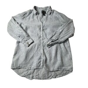 TAHARI Essentials Tunic Women's Large 100% Linen Blue‎ Coastal Roll Sleeves